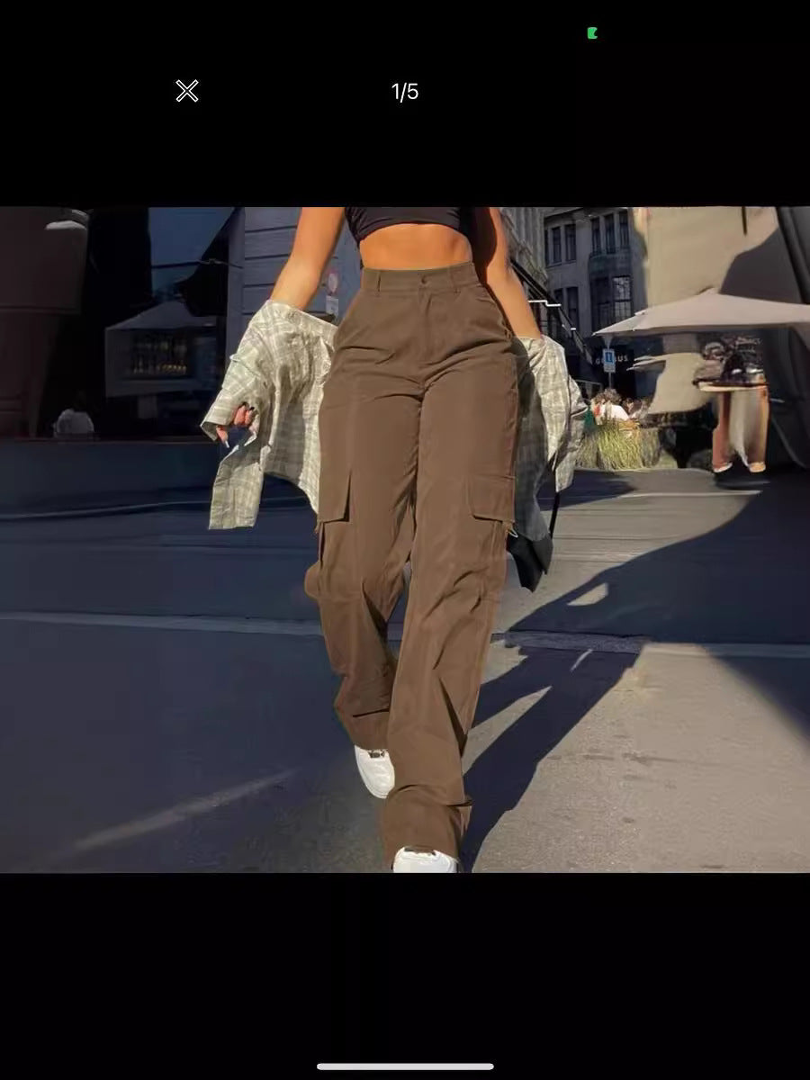 Women's Basic Minimalist Plain Button Front Pocket Cargo Pants, Fashion Y2K Clothes Women, Comfort Casual Street High Waist Wide Leg Trousers For Spring & Fall, Summer Pants, Ladies' Bottoms For Daily Wear, Womenswear, Preppy 80s Clothes - Seldom Seen Styles