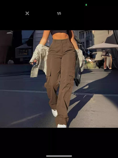 Women's Basic Minimalist Plain Button Front Pocket Cargo Pants, Fashion Y2K Clothes Women, Comfort Casual Street High Waist Wide Leg Trousers For Spring & Fall, Summer Pants, Ladies' Bottoms For Daily Wear, Womenswear, Preppy 80s Clothes - Seldom Seen Styles