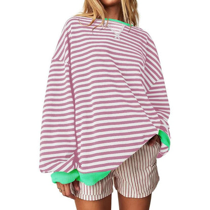 【Up To 3XL】Fisace Christmas Womenswear Striped Oversized Sweatshirt Color Block Crew Neck Long Sleeve Shirt Casual Loose Pullover Top Y2K Clothes back to school