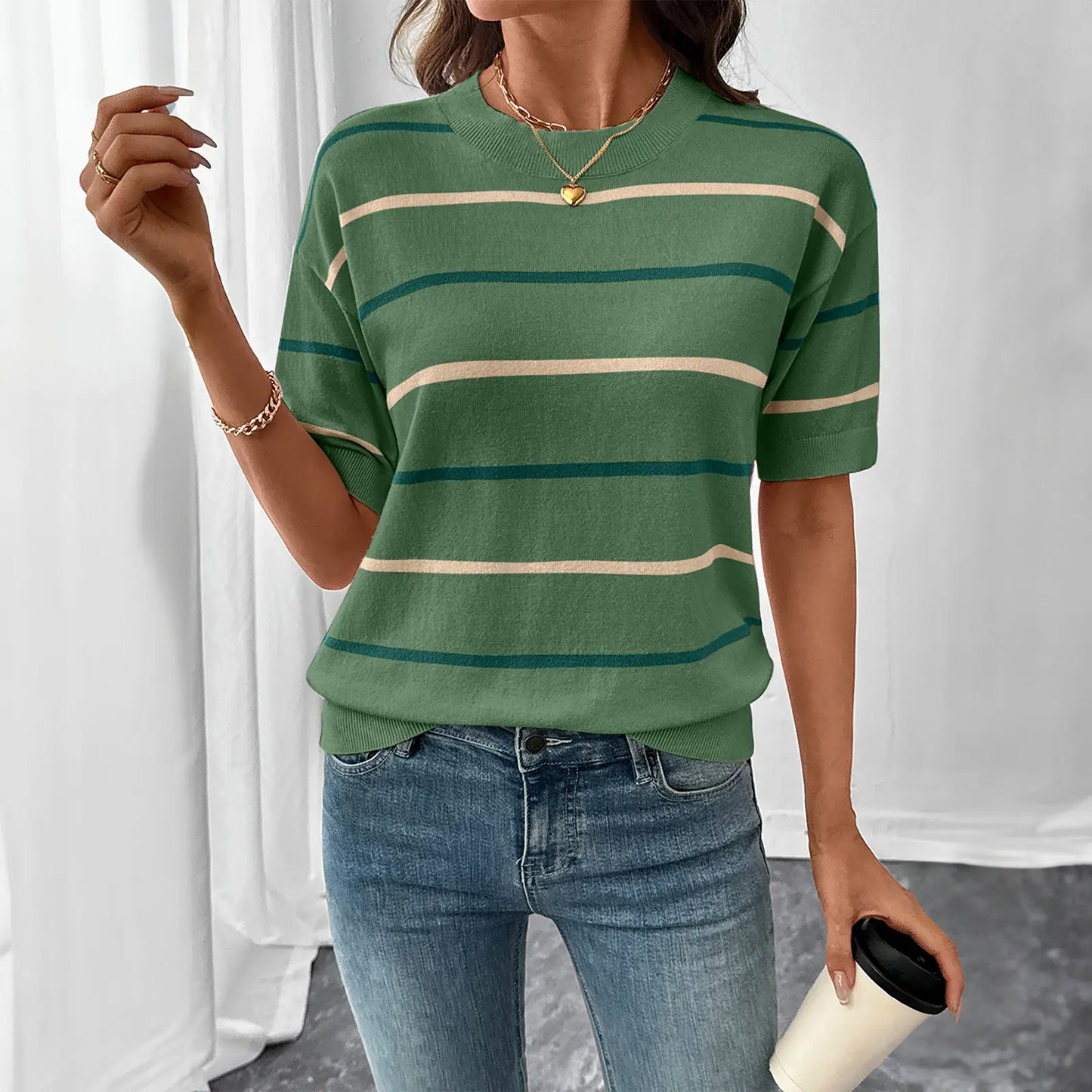 Shewin 2026 SummerVibes Women's Shortsleeve Round Neck Striped Pullover - Soft Breathable Polyester Sweatshirt, Chic Casual Fit, Ladies' Clothing for Daily Wear - Seldom Seen Styles