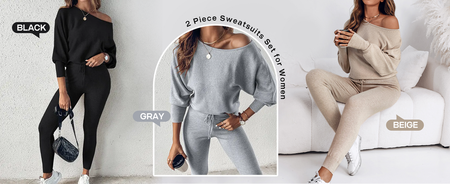 2 Piece Lounge Outfit 2025 Long Sleeve Knit Pullover Tops Drawstring Pants Set Tracksuit Sweatsuit - Seldom Seen Styles