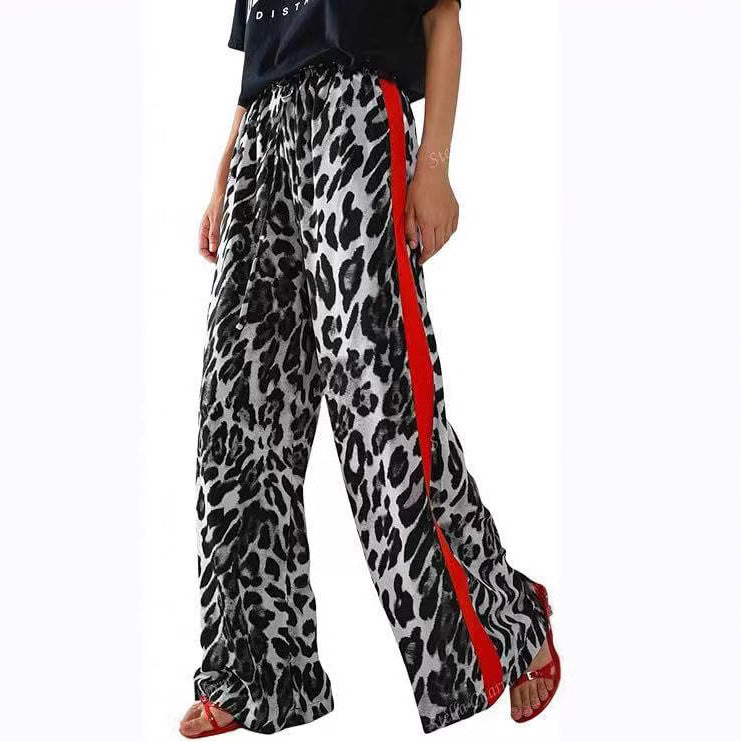 Women's Casual Pants Drawstring Leopard Print Color Block Side Striped Straight Leg Wide Leg Loose Pants - Seldom Seen Styles