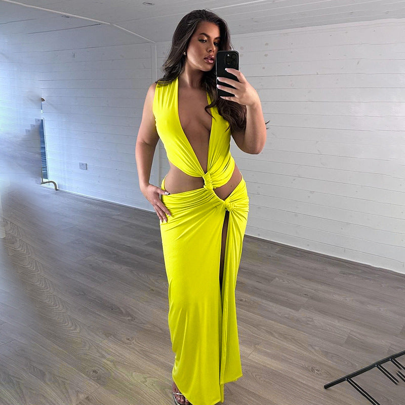 split dress long maxi bodycon gown low cut maxi dress Solid Color Sexy Deep V Cutout Slit Slim Fit Long Dress