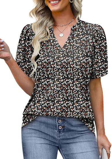 Womens Tops Summer Short Sleeve V Neck Blouses Business Casual Loose Fit Tshirts Trendy Fashion Outfits - Seldom Seen Styles