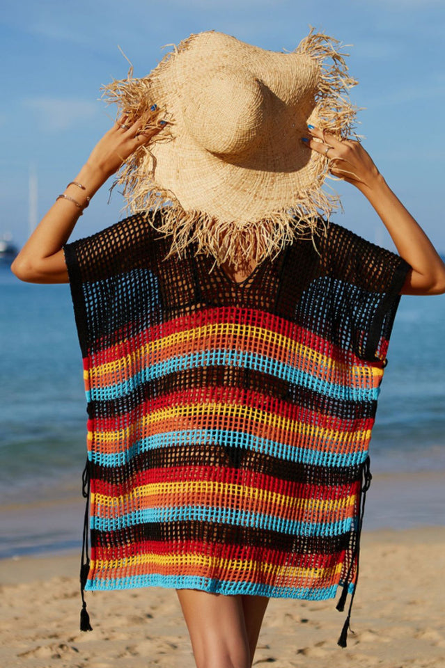 Rainbow Stripe Openwork Slit Cover Up - Seldom Seen Styles