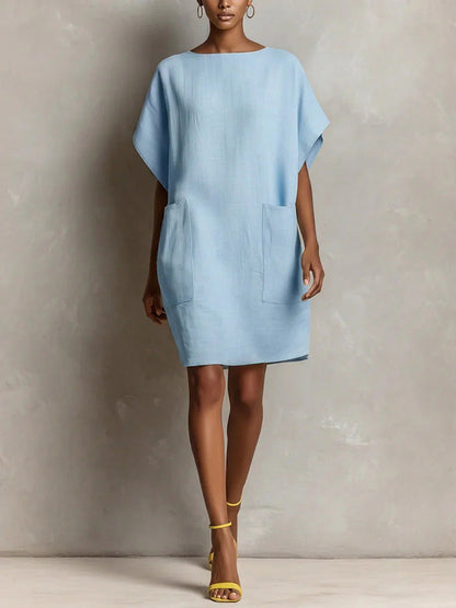 Women's Linen Blend Shift Dress Loose Fit Midi Dress with Pockets Casual Summer Vacation Outfit