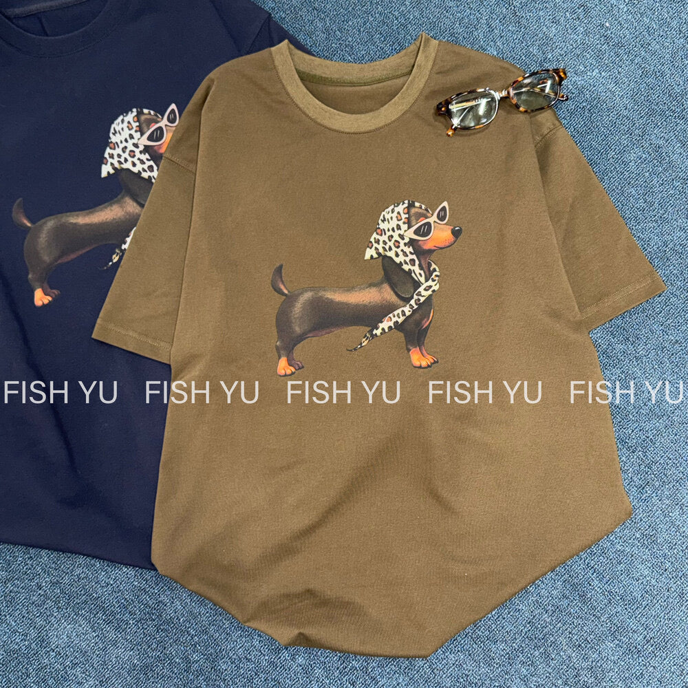 Vintage Dachshund Graphic T-Shirt – Leopard Scarf Dog Print Loose Fit Casual Tee - Seldom Seen Styles