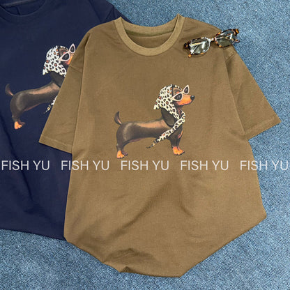 Vintage Dackel Grafik T-Shirt – Leopard Schal Hund Print Locker Fallendes Freizeit-T-Shirt