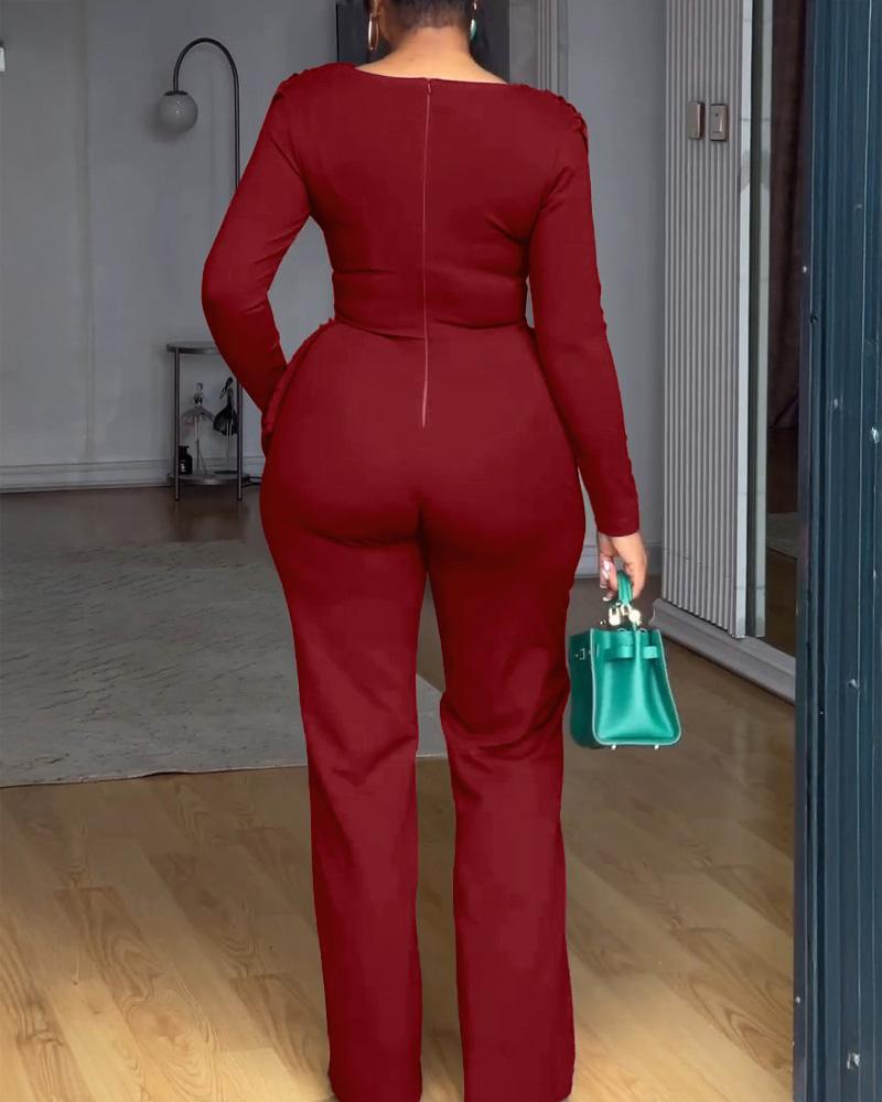 Cowl Neck Asymmetrical Patchwork Ruched Jumpsuit Casual Cinched Waist Zipper Back Straight Leg Jumpsuit - Seldom Seen Styles