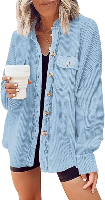 Yanekop Womens Waffle Knit Shacket Oversized Shirt Jacket Button Down Blouse Loose Fit Long Sleeve Tops