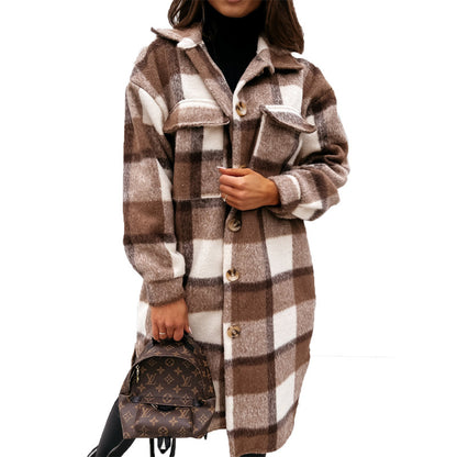 European and american hot2023ebay Amazon Winter New Women's Clothing Fashion Plaid Single-Breasted Coarse Wool Coat