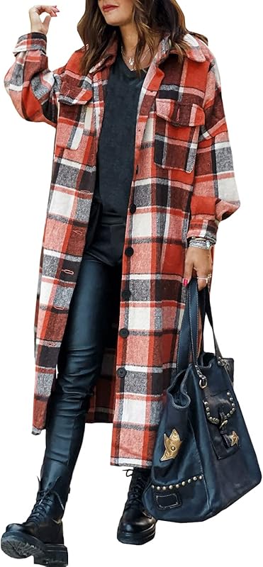 Women Fall Flannel Plaid Shacket Jacket Oversized Button Down Long Shirt Jacket