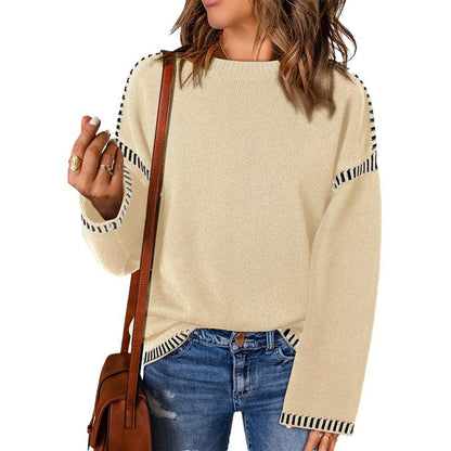 Sweaters for Women Fashion Solid Crewneck Loose Fit Long Sleeve Contrast Cable Knit Pullover Sweater Jumper Tops Knitwear Womenswear Knitwear Womenswear
