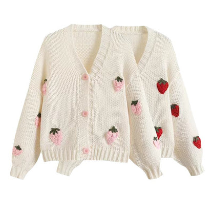 2024Autumn and Winter New Temperament WildVCollar Knitted Cardigan Fashionable Jacket Retro Twist Strawberry Embroidered Sweater