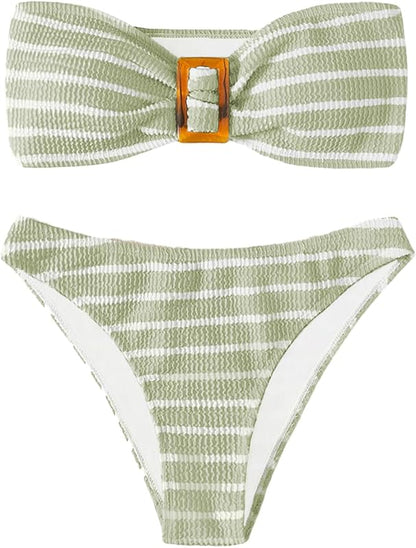 Women's 2 Piece Strapless Swimsuit Striped Bandeau High Waisted Thong Bikini Set Bathing Suit - Seldom Seen Styles