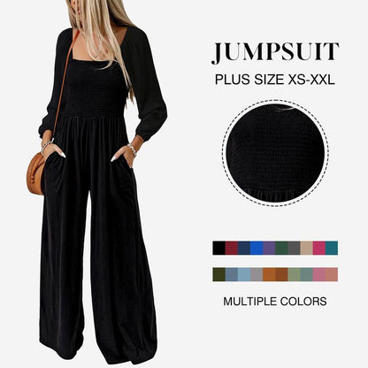 Women's Plain Ruched Shirred Pocket Wide Leg Jumpsuit, Casual Bishop Sleeve Square Neck Jumpsuit for Spring & Fall, Ladies Clothes for Daily Wear