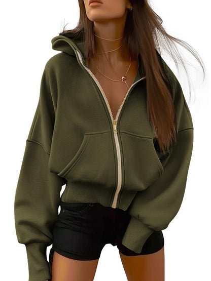 Women's Gold Zipper Hoodie Long Sleeve Fleece Y2K Style Casual Sweatshirt with Pockets for Fall Winter Clothes