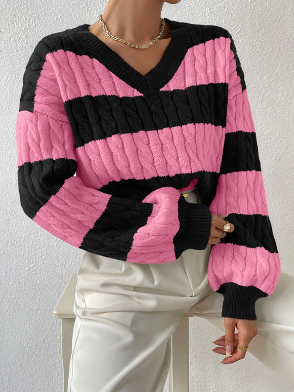 Autumn and Winter Lazy Style New Knitwear Loose Fashion Cross-Border Foreign Trade Women's ClothingVCollar Retro Contrast Color Striped Sweater