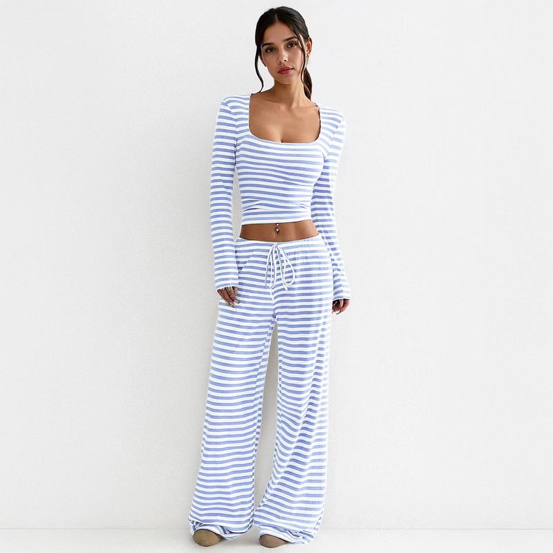 Women's Slouchy Square Neck Stripe Long Sleeve Crop Top & Low-Rise Wide Leg Trousers Co-ord, Minimalist Two Piece Outfits, Cozy Womenswear - Seldom Seen Styles