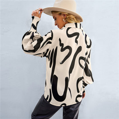 European and american hot2024eBay Amazon Spring Long-Sleeved Versatile Top Fashion Lantern Sleeve Women's Printed Wear Shirt