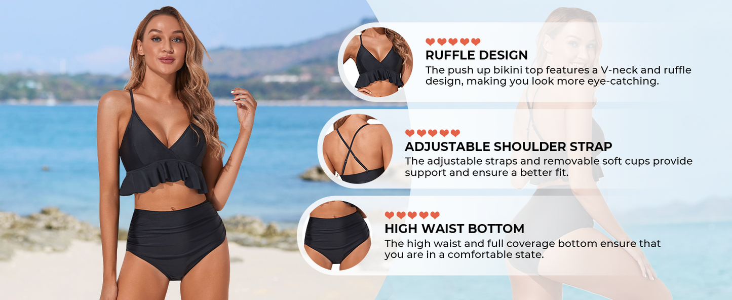 Women Two Piece Swimsuits High Waisted Bikini Set Ruffle Flounce Tummy Control Bottoms Bathing Suit - Seldom Seen Styles