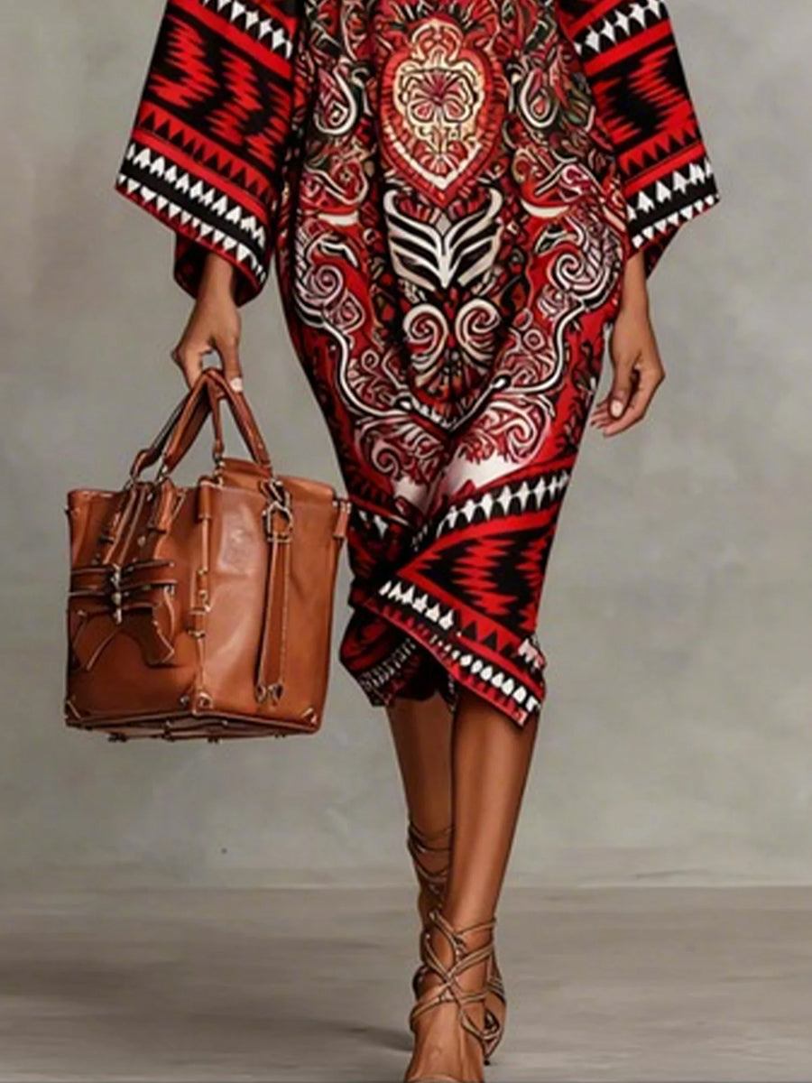 Flared Sleeves Long Sleeves Contrast Color Flower Print Geometric Split-Joint Round-Neck Midi Dresses - Seldom Seen Styles