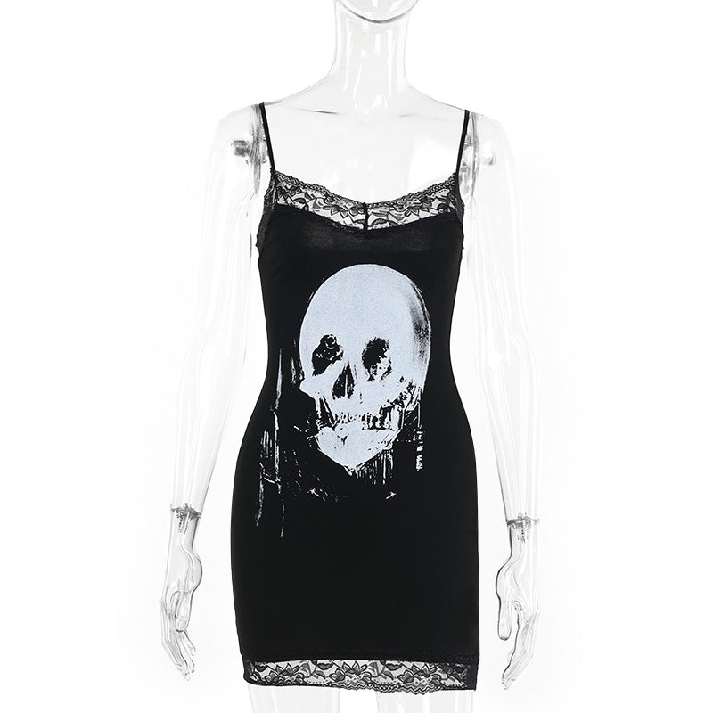 Women's Skull Print Contrast Lace Bodycon Cami Dress, Street Fashion Womenswear, Casual Sleeveless Mini Dress for Party Club Wear, Ladies Clothes for Fall 90s Clothes - Seldom Seen Styles