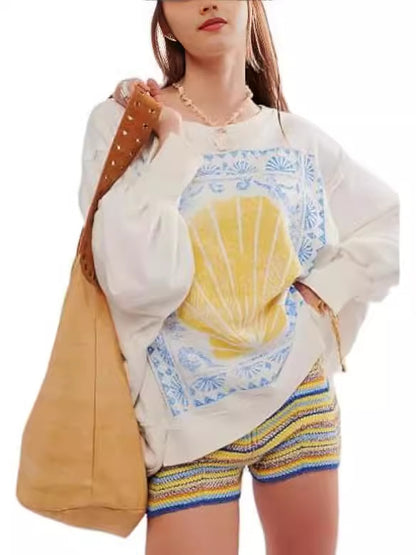 Damen Sommer Lose T-Shirt Stern Patch Langarm Rundhals Casual Tops Streetwear