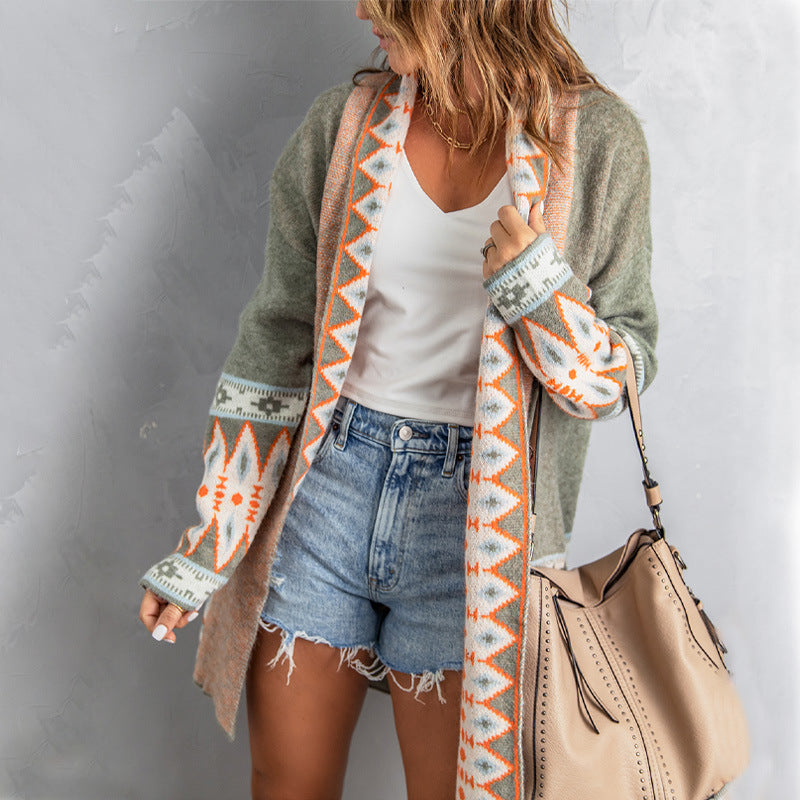 Shiying Autumn and Winter New Ethnic Print Cardigan Knitted Coat for Women Europe and America Cross Border Autumn and Winter New Cardigan Top