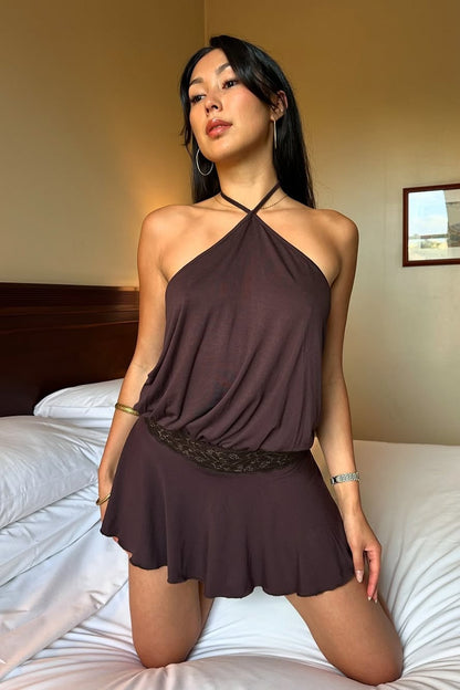 Women's Halter Backless Mini Dress Flowy Sleeveless Summer Beach Vacation Dress
