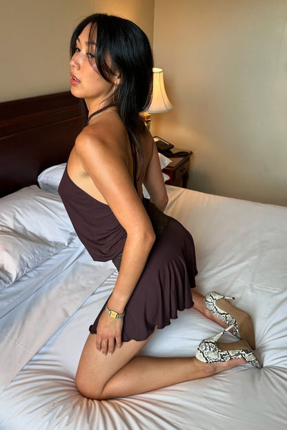 Women's Halter Backless Mini Dress Flowy Sleeveless Summer Beach Vacation Dress
