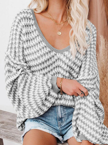 Autumn  Winter New Wave Striped Sexy Puff Sleeve Loose Knitted Sweater Pullover for Women