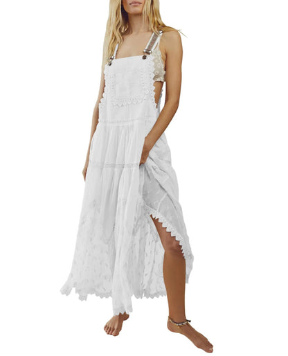 Women's Summer Laced Embroidered Tulle Bib Beachwear Dress Casual Comfortable Loose Adjustable Straps Maxi Dress Fabric Womenswear - Seldom Seen Styles