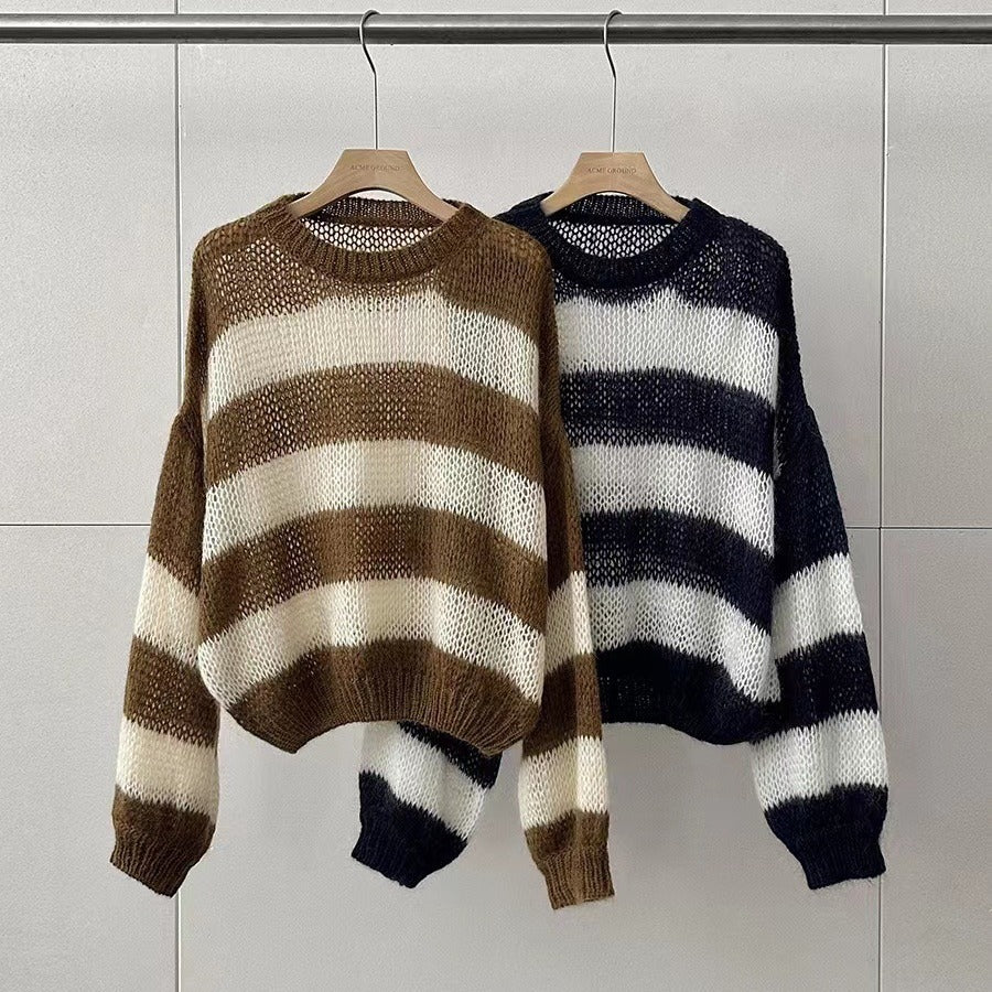 2023Autumn New Korean Style Contrast Color Hollow Lazy Casual Loose-Fitting Lightweight Thin Versatile Mohair Striped Sweater