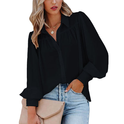 2024Cross-Border wish Amazon Button Top Lantern Sleeve Pleated Solid Color Stand Collar Loose Shirt Long Sleeve Women's Clothing