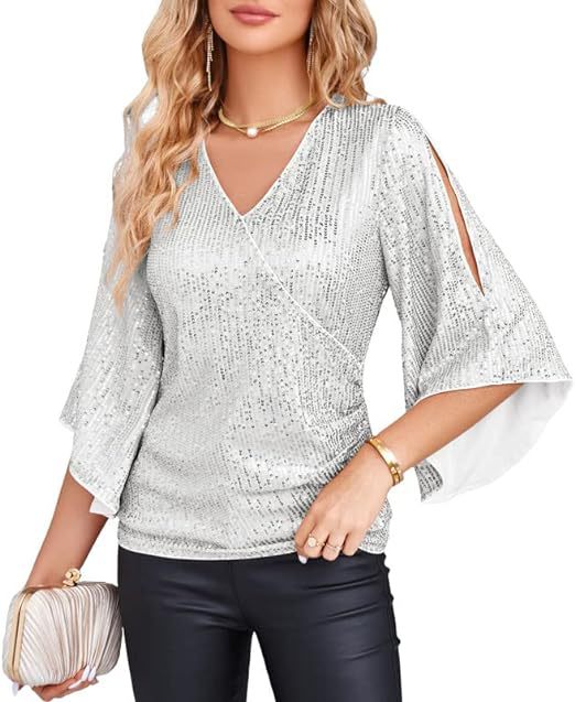 Womens Sequin Tops 3/4 Sleeve Glitter Sparkly Party Blouse V-Neck Dressy Tops for Evening Party