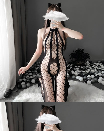 Women's Sexy OneSize Fishnet Halter Cut-Out Bodystocking Lingerie Black