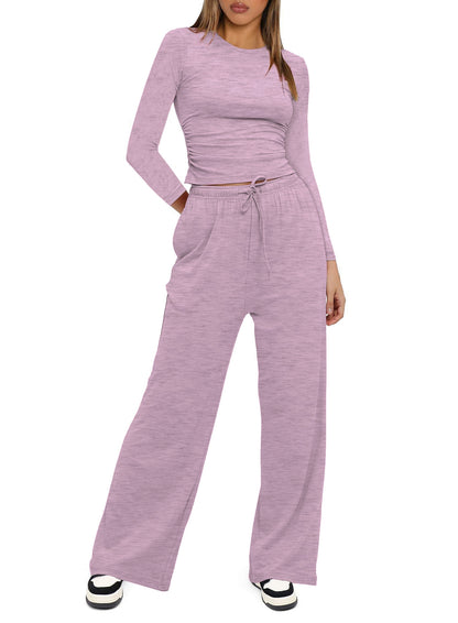 Two-piece Set Women's Solid Ruched Tee & Drawstring Pocket Pants Pajamas Set, Casual Long Sleeve T-shirt & Elastic Waist Trousers, Ladies Sleepwear  Loungewear for All Seasons - Seldom Seen Styles