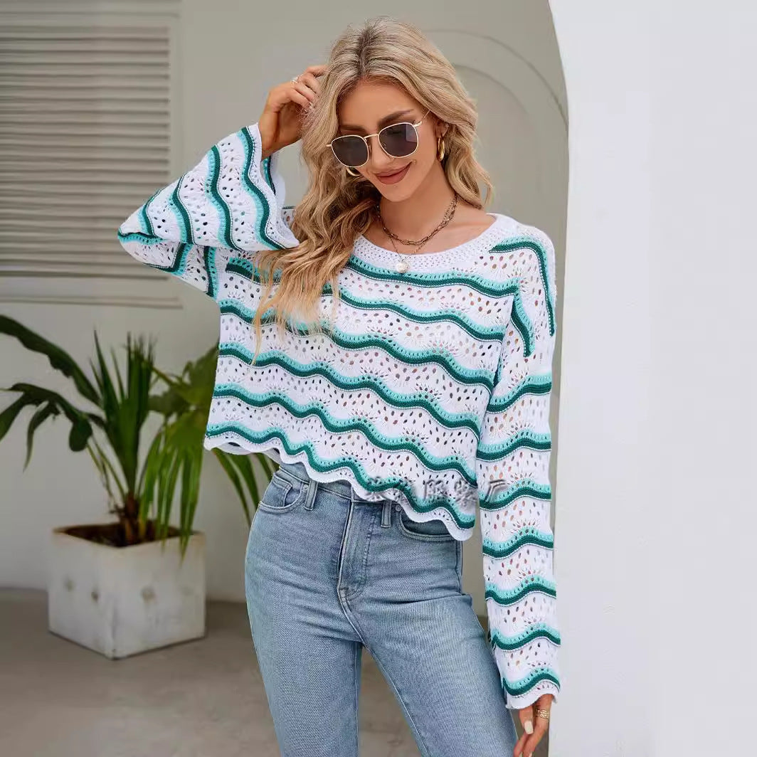 Spring and Autumn Women's Clothing Amazon Cross-Border Foreign Trade Fashion Long Sleeve Blouse round Neck European and American New Knitted Striped Sweater for Women