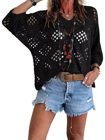 Women's Crochet Knit Top Boho Hollow Out V Neck Loose Fit Summer Beach Cover Up