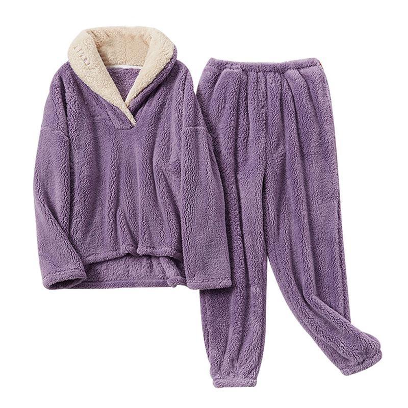 XiaRan Women's Fluzzy Sherpa Fleece Pajamas Warm Pullover Lapel Sleepwear Sets