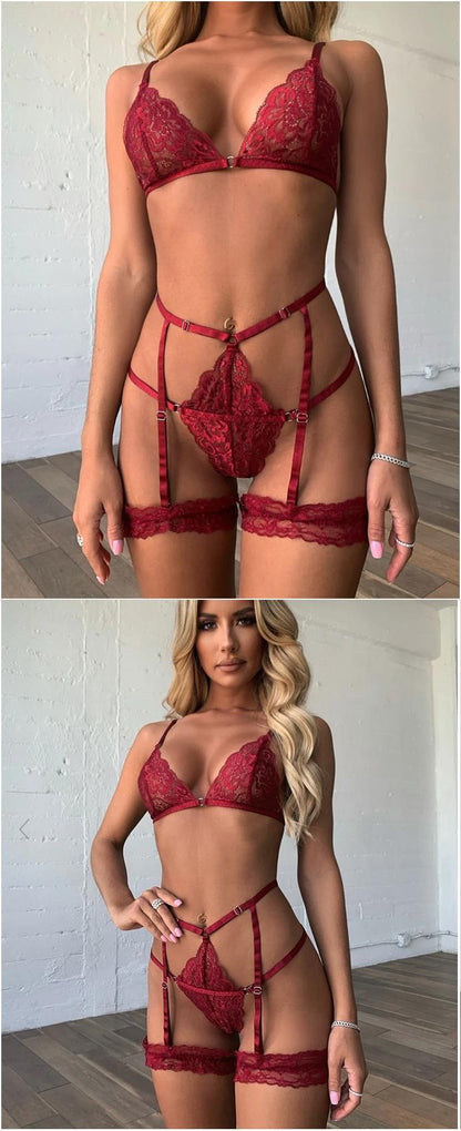 Lace Garter Lingerie Set with Removable Choker Teddy Babydoll Strappy Bra and Panty Set