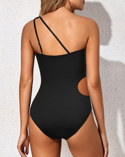 one shoulder swimming costume bikini One-Piece Swimsuit for Women with Straps, Solid Color, High-Waisted Bikini Swimwear - Seldom Seen Styles