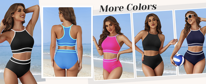 Women's High Waisted Bikini Sets Sporty Two Piece Swimsuit Color Block High Neck Bathing Suit - Seldom Seen Styles