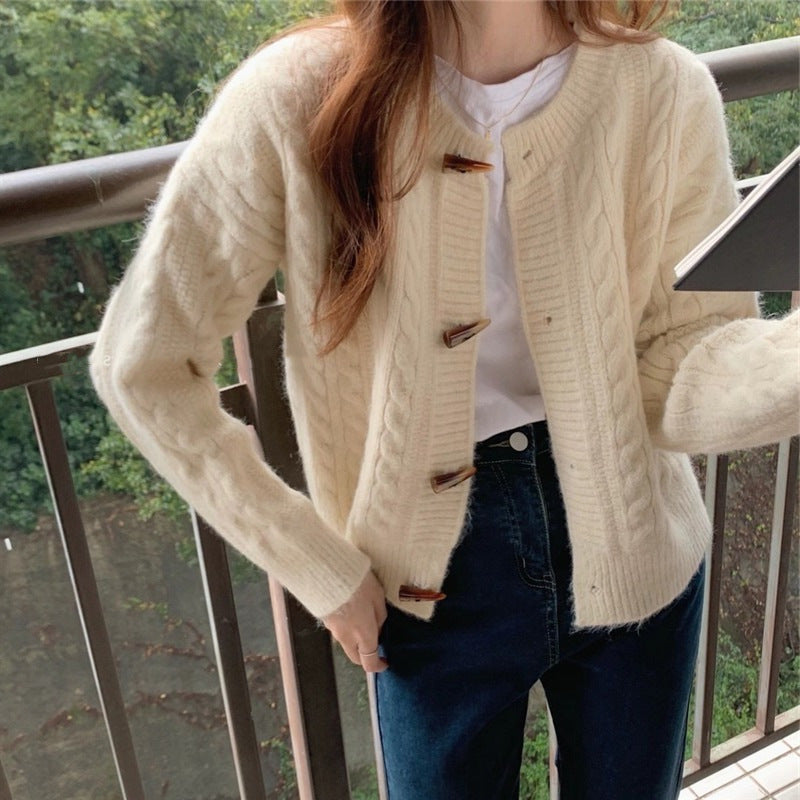 Japanese Style Horn Button Short Cable-Knit Sweater Women's Autumn and Winter New Knitted Cardigan Coat round Neck Solid Color Sweater for Women