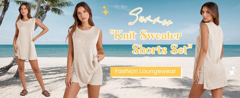 Women's 2 Piece Outfits Summer Knit Sweater Set Sleeveless Tunic Top Matching Shorts Trendy Beach Vacation Sets Loungesetwomen Suits Clothes Womenswear  Basic Beige - Seldom Seen Styles