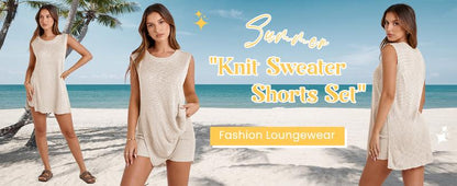 Women's 2 Piece Outfits Summer Knit Sweater Set Sleeveless Tunic Top Matching Shorts Trendy Beach Vacation Sets Loungesetwomen Suits Clothes Womenswear  Basic Beige