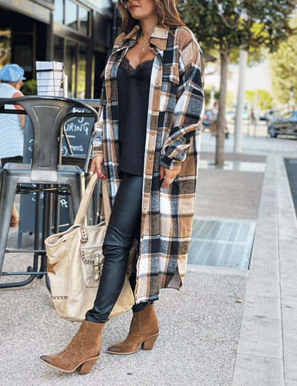 Women Fall Flannel Plaid Shacket Jacket Oversized Button Down Long Shirt Jacket