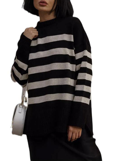 round Neck Contrast Color Knitted Striped Sweater Women 2024Autumn and Winter Women's Clothing  Pullover Loose