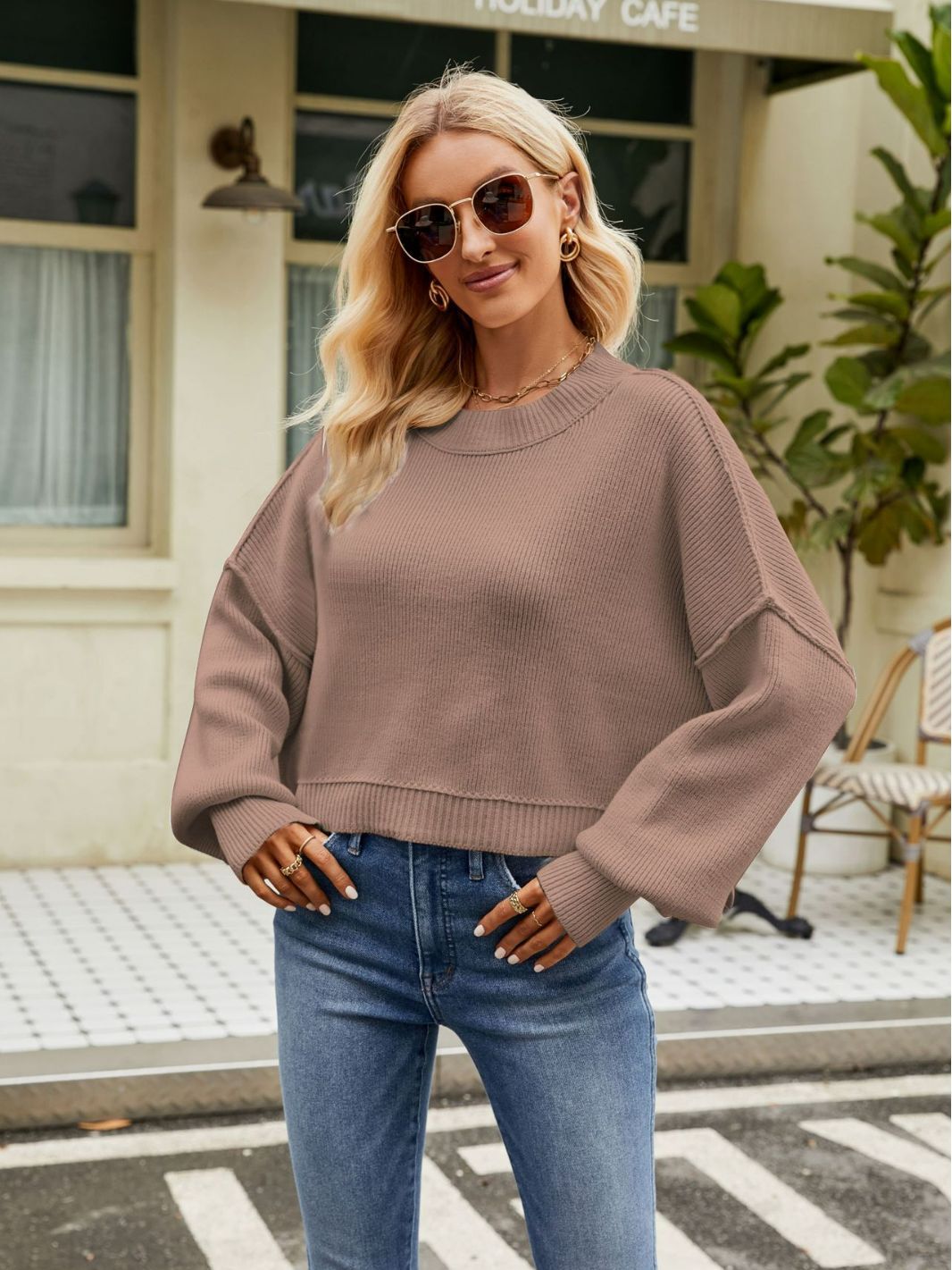 Women's Clothing2023Autumn and Winter New European and American Loose Cropped Pullover Sweater Fashion Long Sleeve round Neck Sweater